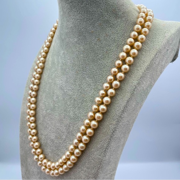 Vintage Double Strand 24” Long Champagne Pearl Necklace Floral Crystal Box Clasp - Picture 5 of 9